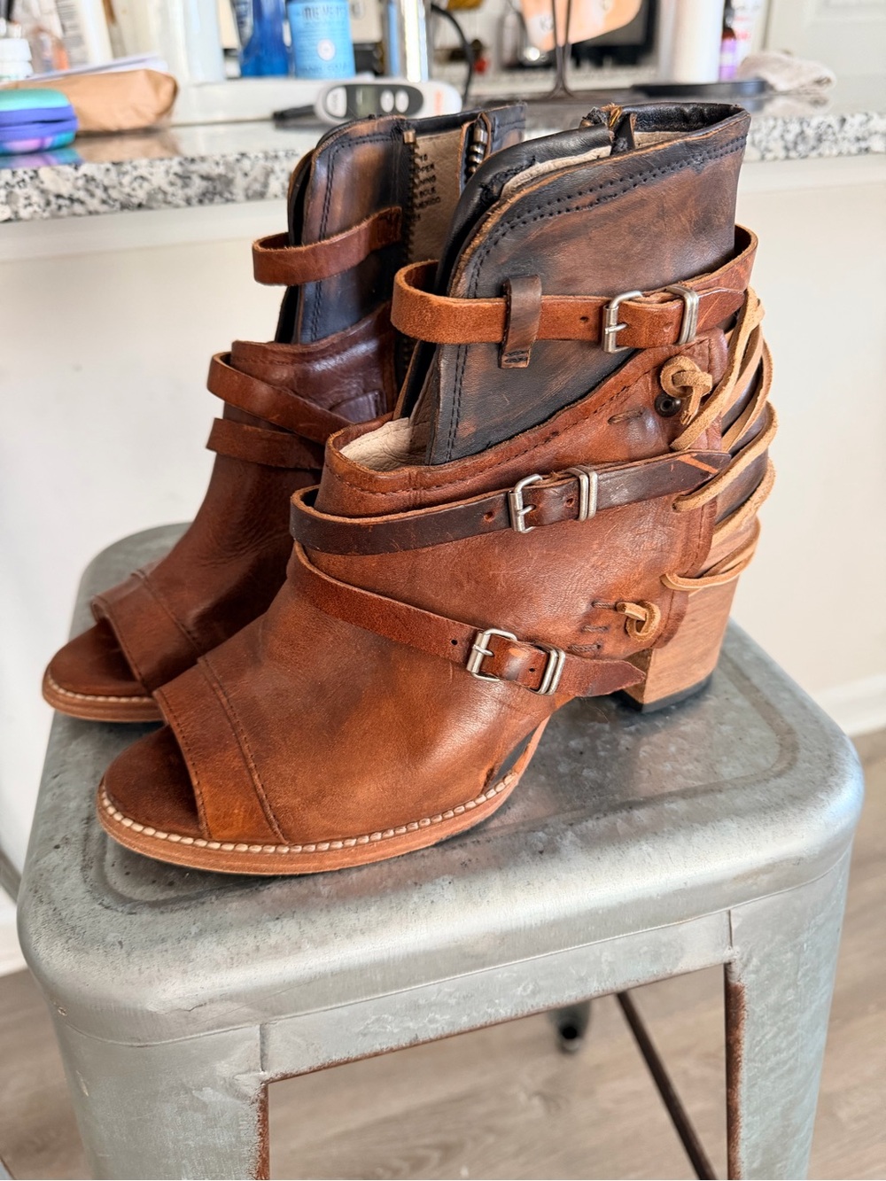 Freebird by Steven Brown Leather Open-Toe Buckle Ankle Booties